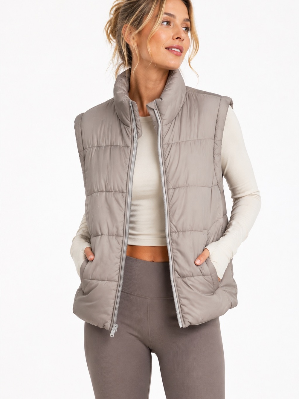 FREE PEOPLE MOVEMENT “IN A BUBBLE” PUFFER VEST XL TAUPE OVERSIZED ZIP